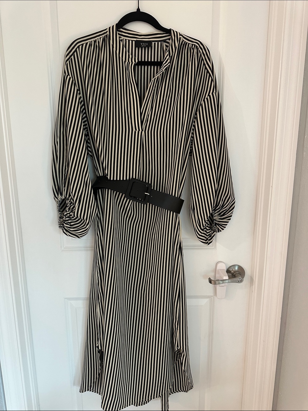 Vici Black and White Vertical Stripe Long Sleeve Shirt Dress